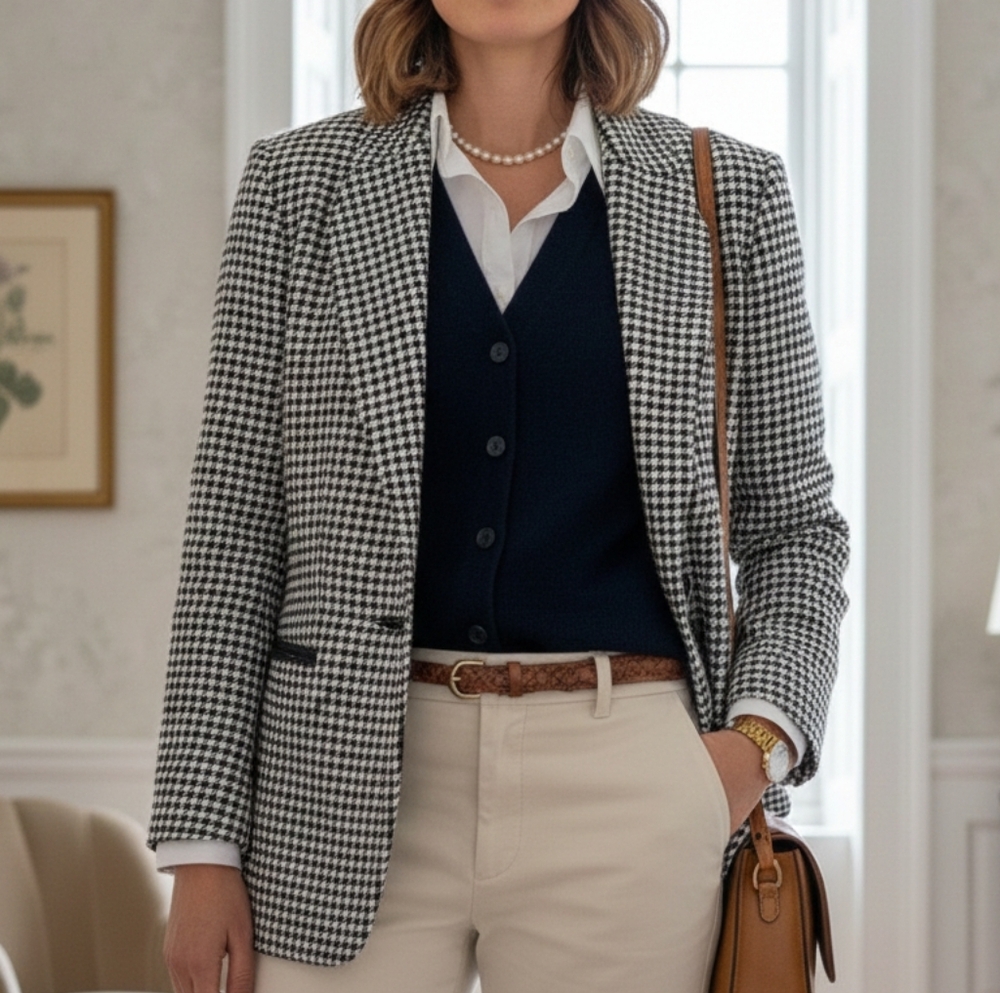 NWOT LAURA 12 Old Money Houndstooth Classic Academia Double Breasted Blazer